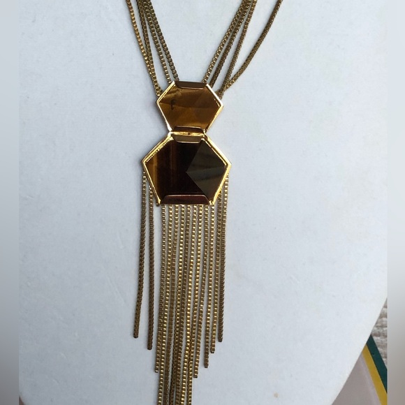 REDUCED Vincent Camuto Tigers Eye Gemstones Fancy Cut Gold Chain Necklace - Picture 1 of 8